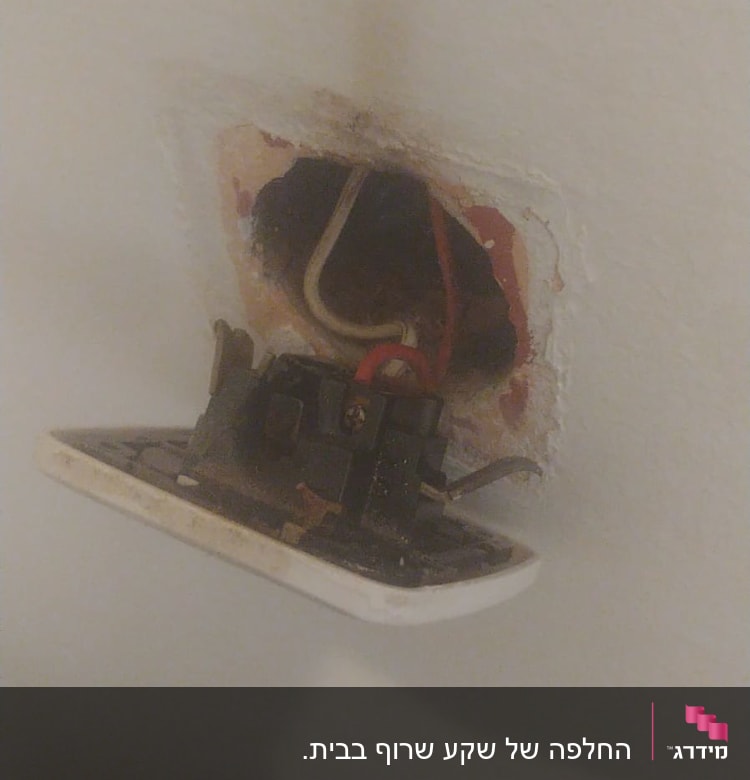 שקע חשמלי פתוח עם חוטים חשופים בקיר